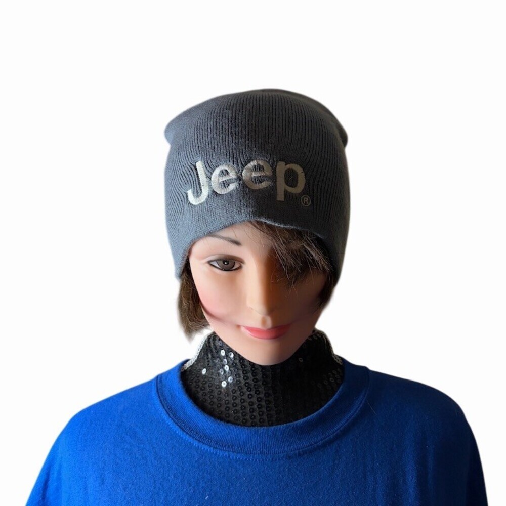 Jeep Beanie Hat Unisex One Size Charcoal Gray Knit Slouch Logo Winter Cap